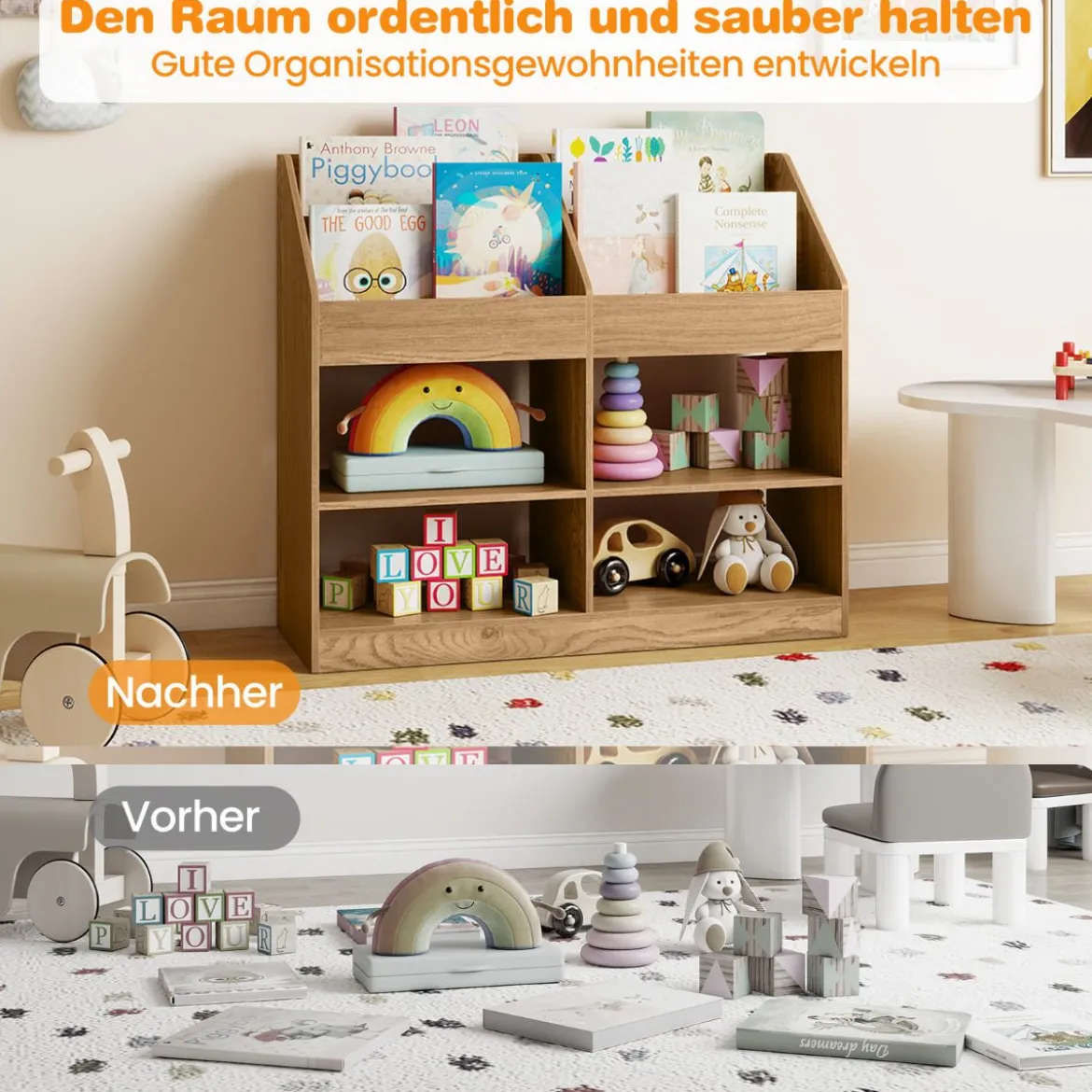 Kinder Bücherregal 80 cm Hohes Kinderregal mit 4 Regalen und 4 Offenen Fächern Natur/Weiß