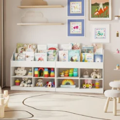 Kinder Bücherregal 80 cm Hohes Kinderregal mit 4 Regalen und 4 Offenen Fächern Natur/Weiß