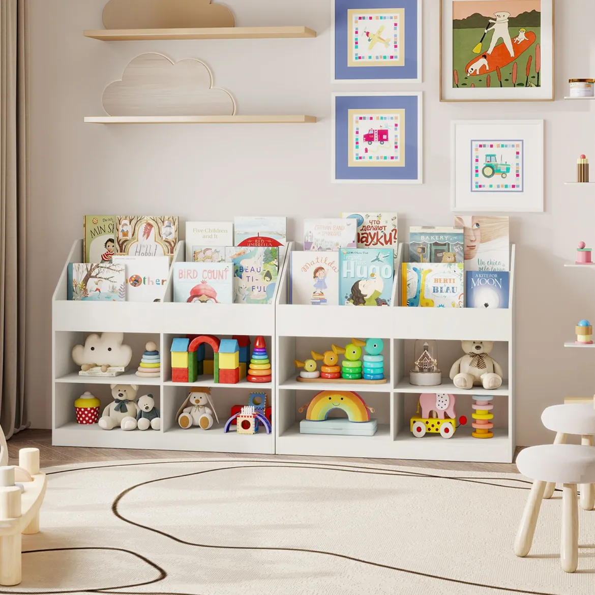 Kinder Bücherregal 80 cm Hohes Kinderregal mit 4 Regalen und 4 Offenen Fächern Natur/Weiß