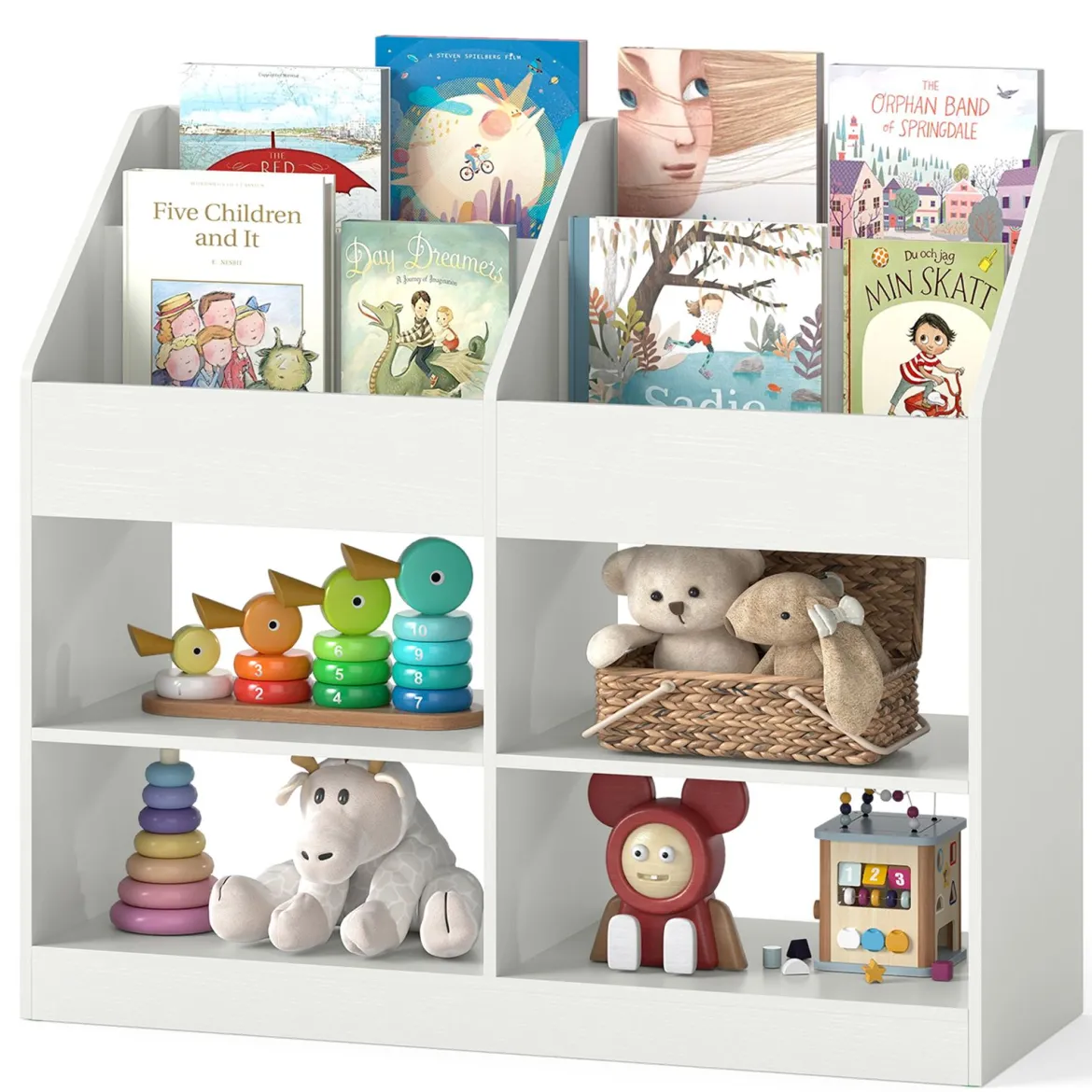 Kinder Bücherregal 80 cm Hohes Kinderregal mit 4 Regalen und 4 Offenen Fächern Natur/Weiß