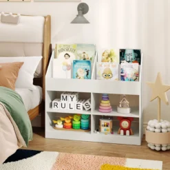 Kinder Bücherregal 80 cm Hohes Kinderregal mit 4 Regalen und 4 Offenen Fächern Natur/Weiß