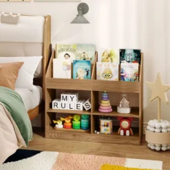 Kinder Bücherregal 80 cm Hohes Kinderregal mit 4 Regalen und 4 Offenen Fächern Natur/Weiß
