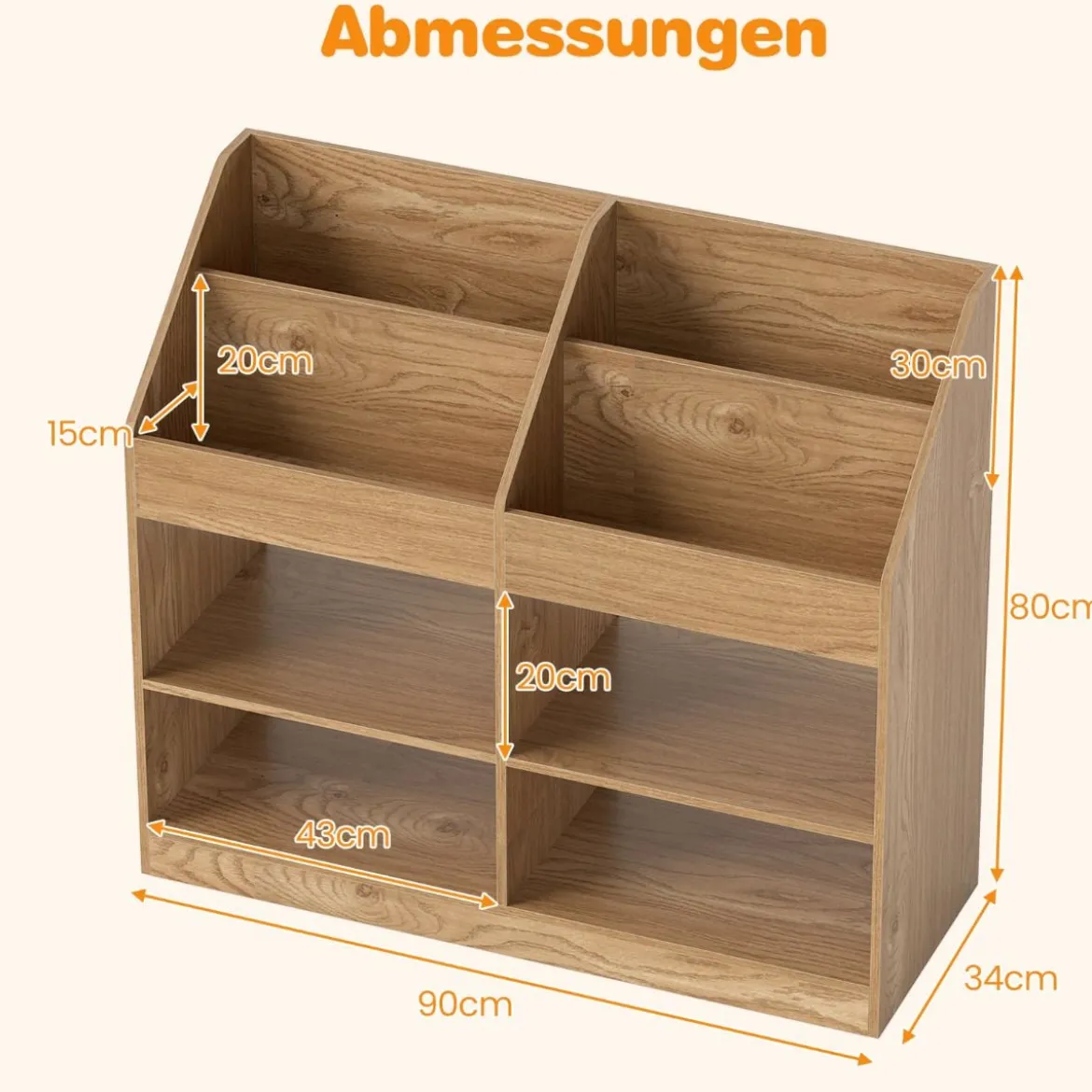 Kinder Bücherregal 80 cm Hohes Kinderregal mit 4 Regalen und 4 Offenen Fächern Natur/Weiß