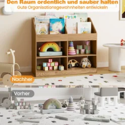 Kinder Bücherregal 80 cm Hohes Kinderregal mit 4 Regalen und 4 Offenen Fächern Natur/Weiß