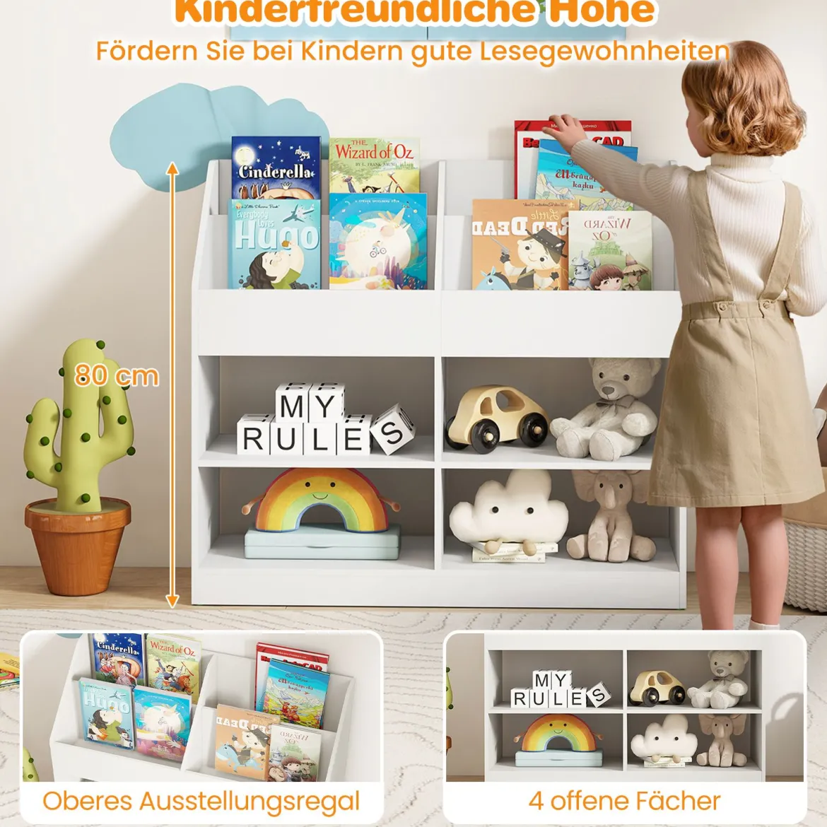 Kinder Bücherregal 80 cm Hohes Kinderregal mit 4 Regalen und 4 Offenen Fächern Natur/Weiß