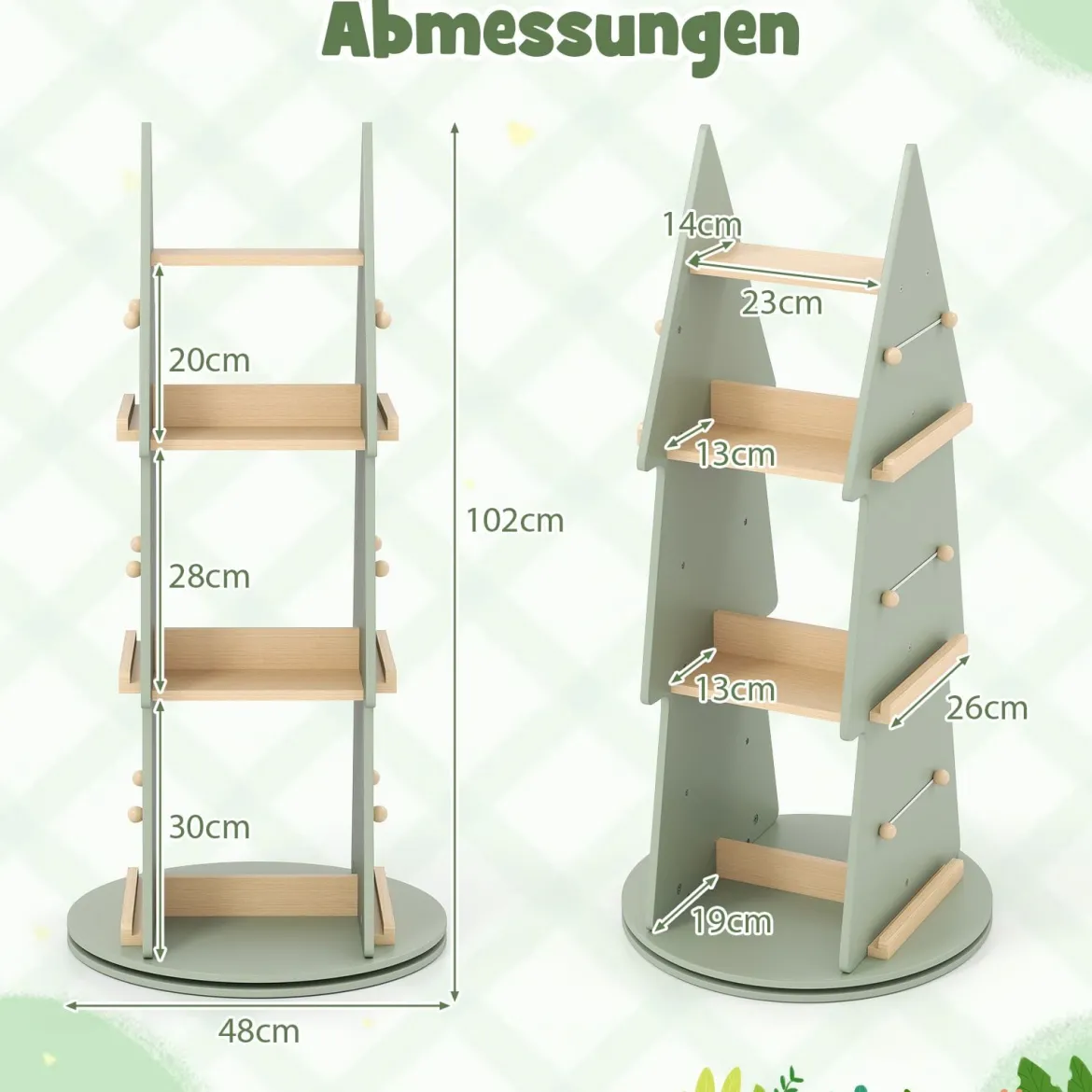 Kinderbücherregal 360° drehbar Kinder Bücherkarussell 4 Ebenen in Baumform Ø48 x 102 cm freistehendes Displayregal