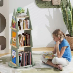 Kinderbücherregal 360° drehbar Kinder Bücherkarussell 4 Ebenen in Baumform Ø48 x 102 cm freistehendes Displayregal
