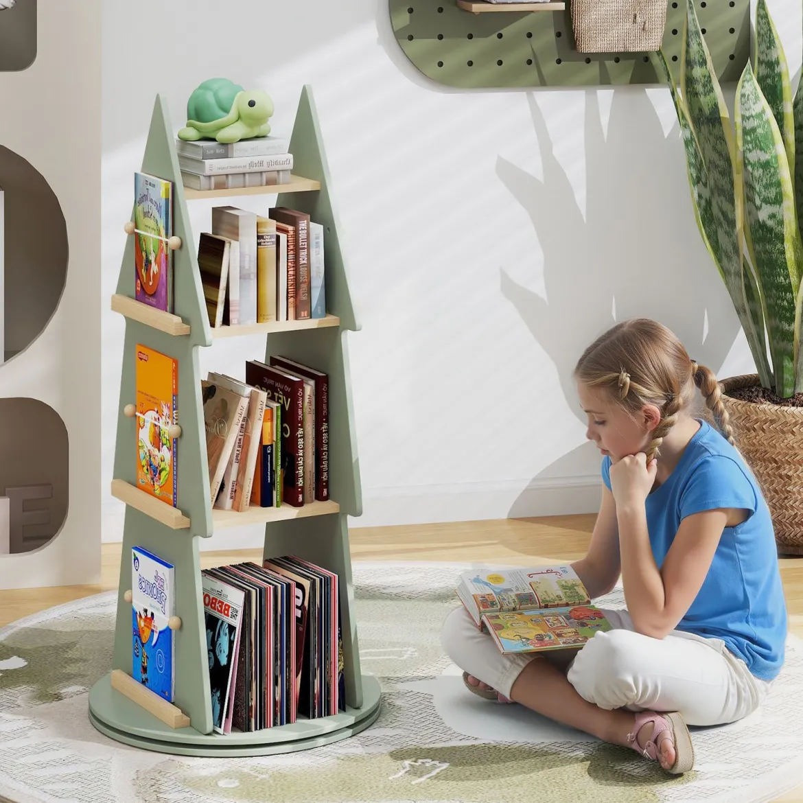 Kinderbücherregal 360° drehbar Kinder Bücherkarussell 4 Ebenen in Baumform Ø48 x 102 cm freistehendes Displayregal