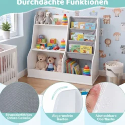 Kinder-Bücherregal hölzerner Spielzeug-Aufbewahrungsorganisator mit 3 Ebenen Stofftaschen Weiß