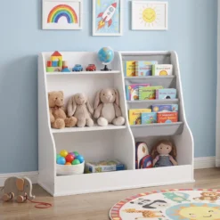 Kinder-Bücherregal hölzerner Spielzeug-Aufbewahrungsorganisator mit 3 Ebenen Stofftaschen Weiß