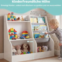 Kinder-Bücherregal hölzerner Spielzeug-Aufbewahrungsorganisator mit 3 Ebenen Stofftaschen Weiß