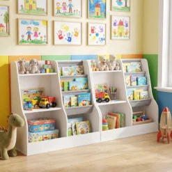 Kinder-Bücherregal hölzerner Spielzeug-Aufbewahrungsorganisator mit 3 Ebenen Stofftaschen Weiß