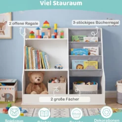 Kinder-Bücherregal hölzerner Spielzeug-Aufbewahrungsorganisator mit 3 Ebenen Stofftaschen Weiß