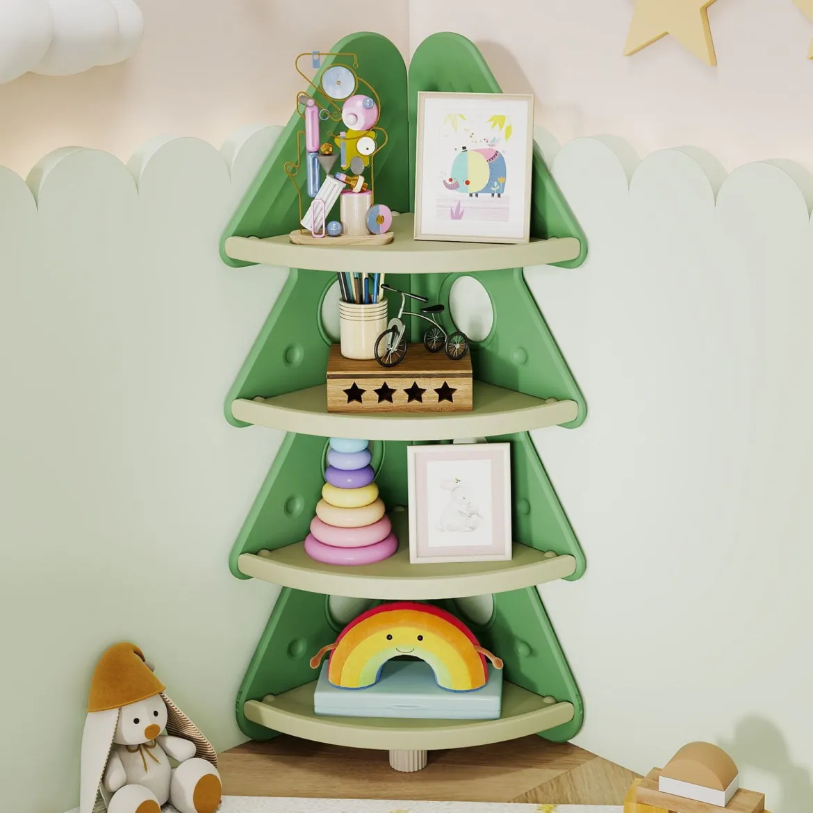 Kinder Bücherregal in Bauform mit Sternmuster 4-stöckiges Kinderregal Eckregal Spielzeugregal