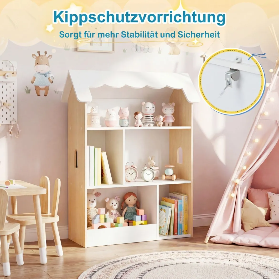 Kinderbücherregal in Hausform Holz Spielzeugregal mit 5 Offenen Fächern Kinderregal mit Kippschutz