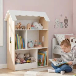 Kinderbücherregal in Hausform Holz Spielzeugregal mit 5 Offenen Fächern Kinderregal mit Kippschutz