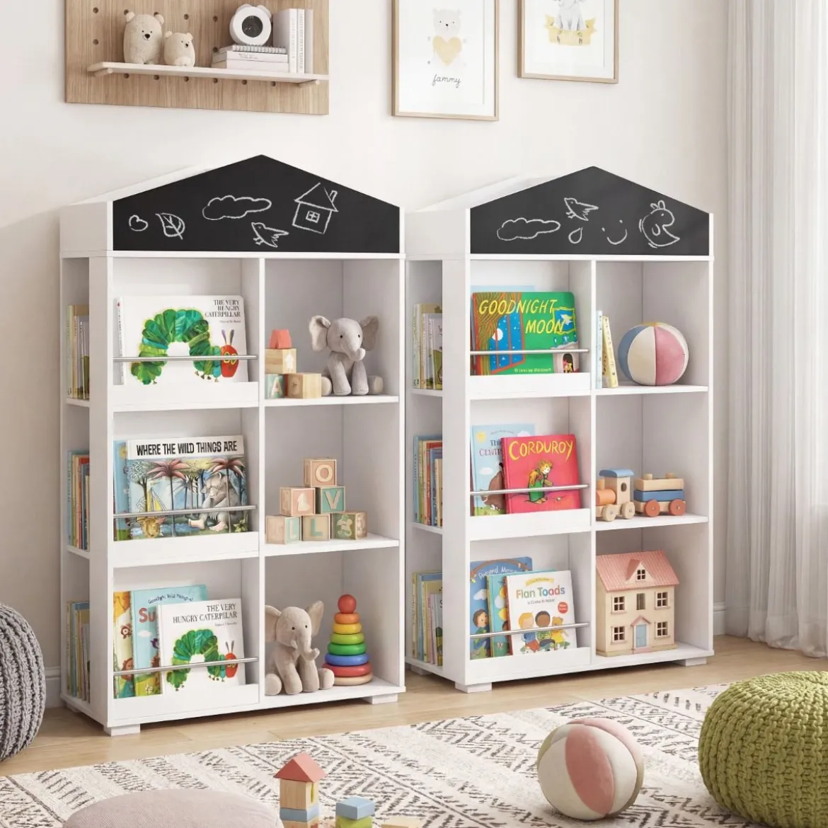 Kinder Bücherregal in Hausform mit Tafel & 13 Fächern Kinderregal Montessori Spielzeugrregal Weiß