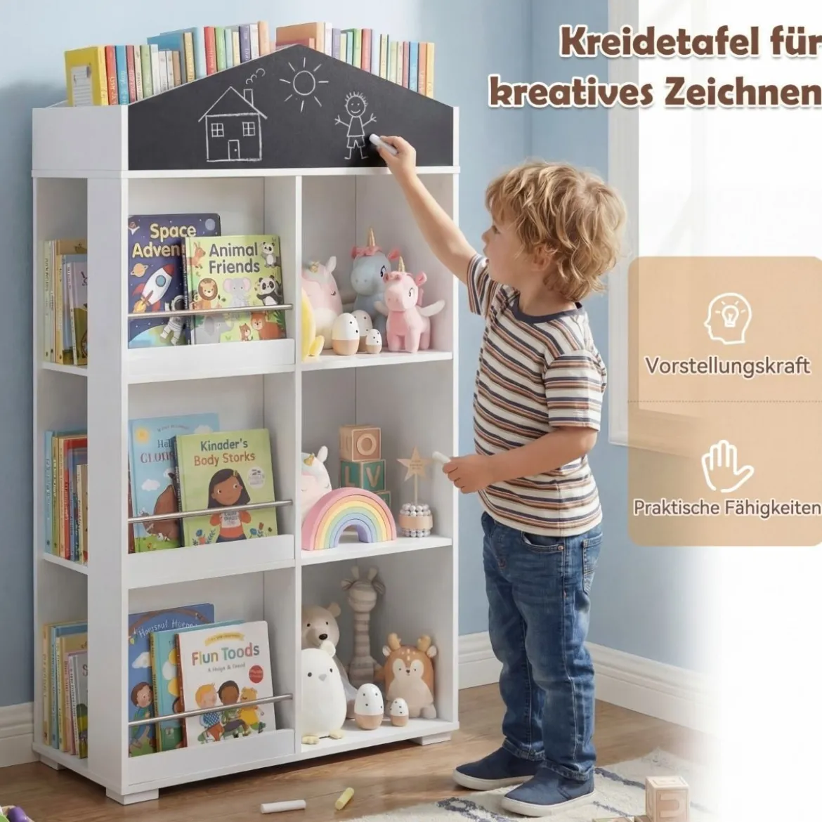 Kinder Bücherregal in Hausform mit Tafel & 13 Fächern Kinderregal Montessori Spielzeugrregal Weiß