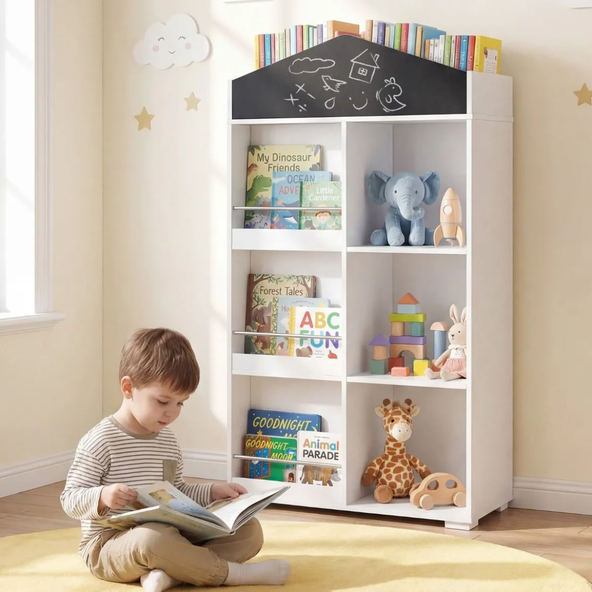 Kinder Bücherregal in Hausform mit Tafel & 13 Fächern Kinderregal Montessori Spielzeugrregal Weiß