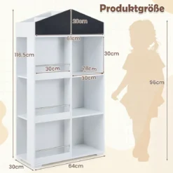 Kinder Bücherregal in Hausform mit Tafel & 13 Fächern Kinderregal Montessori Spielzeugrregal Weiß