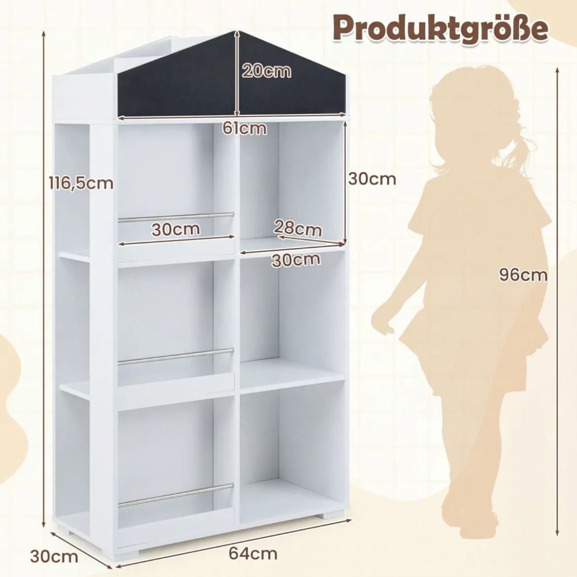 Kinder Bücherregal in Hausform mit Tafel & 13 Fächern Kinderregal Montessori Spielzeugrregal Weiß