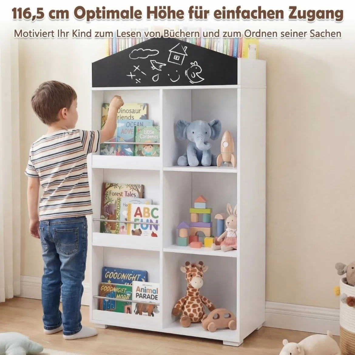 Kinder Bücherregal in Hausform mit Tafel & 13 Fächern Kinderregal Montessori Spielzeugrregal Weiß