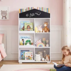 Kinder Bücherregal in Hausform mit Tafel & 13 Fächern Kinderregal Montessori Spielzeugrregal Weiß