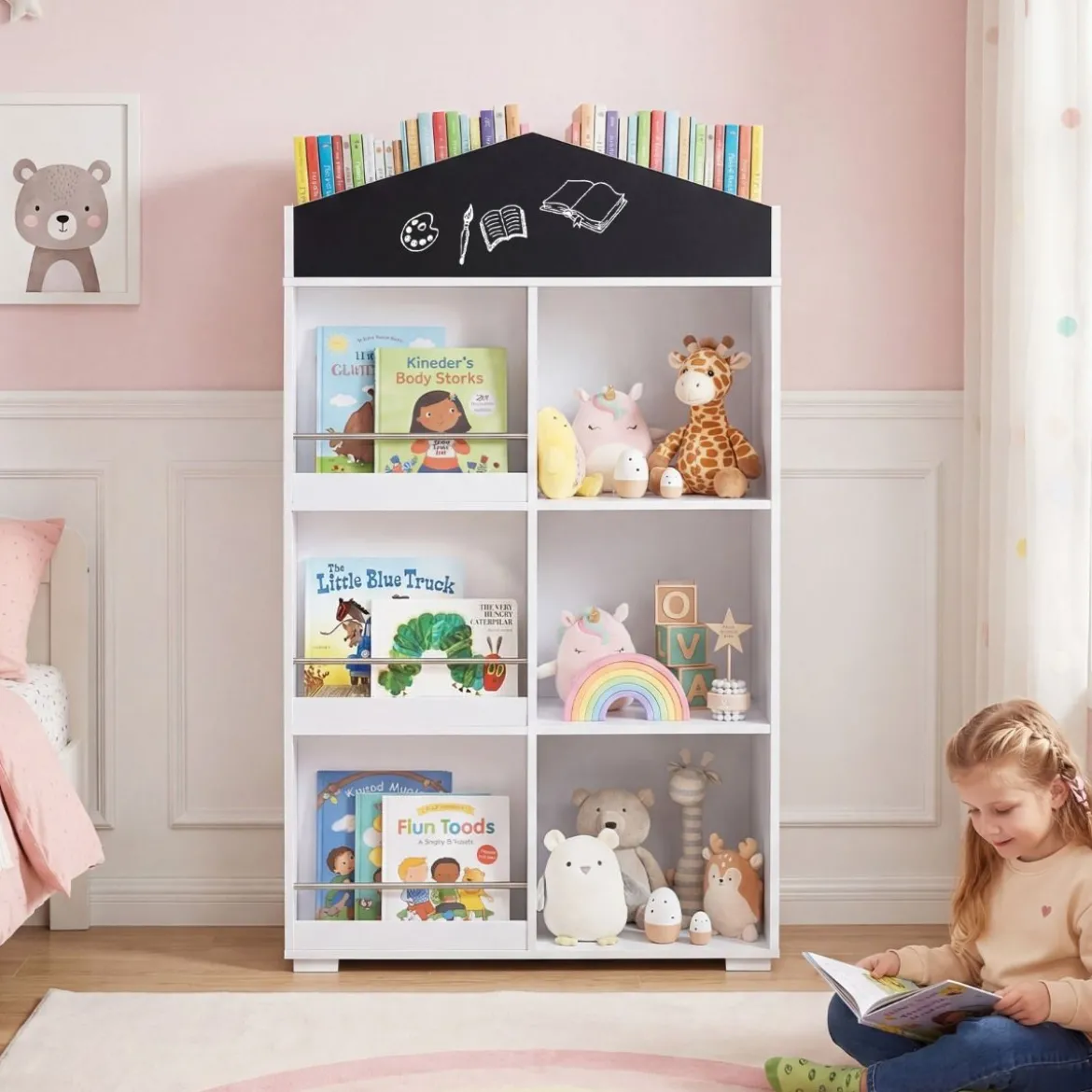 Kinder Bücherregal in Hausform mit Tafel & 13 Fächern Kinderregal Montessori Spielzeugrregal Weiß