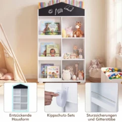 Kinder Bücherregal in Hausform mit Tafel & 13 Fächern Kinderregal Montessori Spielzeugrregal Weiß