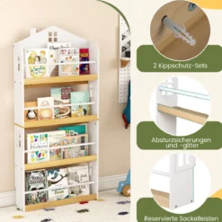 Kinderbücherregal in Hausform mit Anti-Fall-Schutz & Metallstangen Montessori Kinderregal