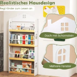 Kinderbücherregal in Hausform mit Anti-Fall-Schutz & Metallstangen Montessori Kinderregal