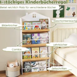 Kinderbücherregal in Hausform mit Anti-Fall-Schutz & Metallstangen Montessori Kinderregal