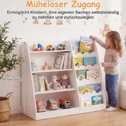 Kinder Bücherregal mit 4 Offenen Ablagen & Versteckem Ablagefach Holz Kinderregal Weiß