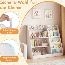 Kinder Bücherregal mit 4 Offenen Ablagen & Versteckem Ablagefach Holz Kinderregal Weiß