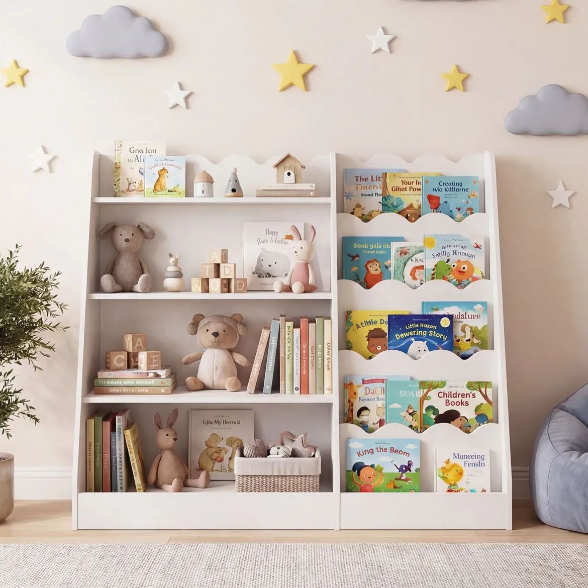 Kinder Bücherregal mit 4 Offenen Ablagen & Versteckem Ablagefach Holz Kinderregal Weiß