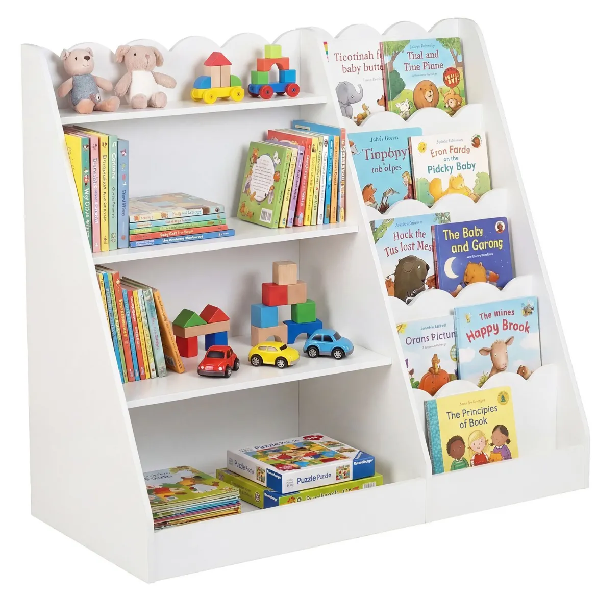 Kinder Bücherregal mit 4 Offenen Ablagen & Versteckem Ablagefach Holz Kinderregal Weiß