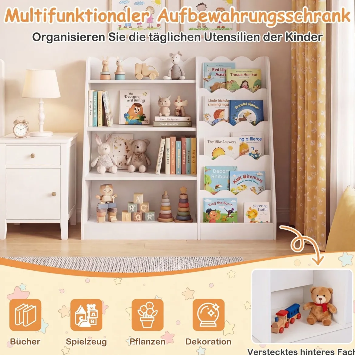 Kinder Bücherregal mit 4 Offenen Ablagen & Versteckem Ablagefach Holz Kinderregal Weiß