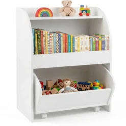 Kinder Bücherregal Spielzeugregal mit Rollbarer Schublade aus Holz mit 2 Offenen Fächern Weiß