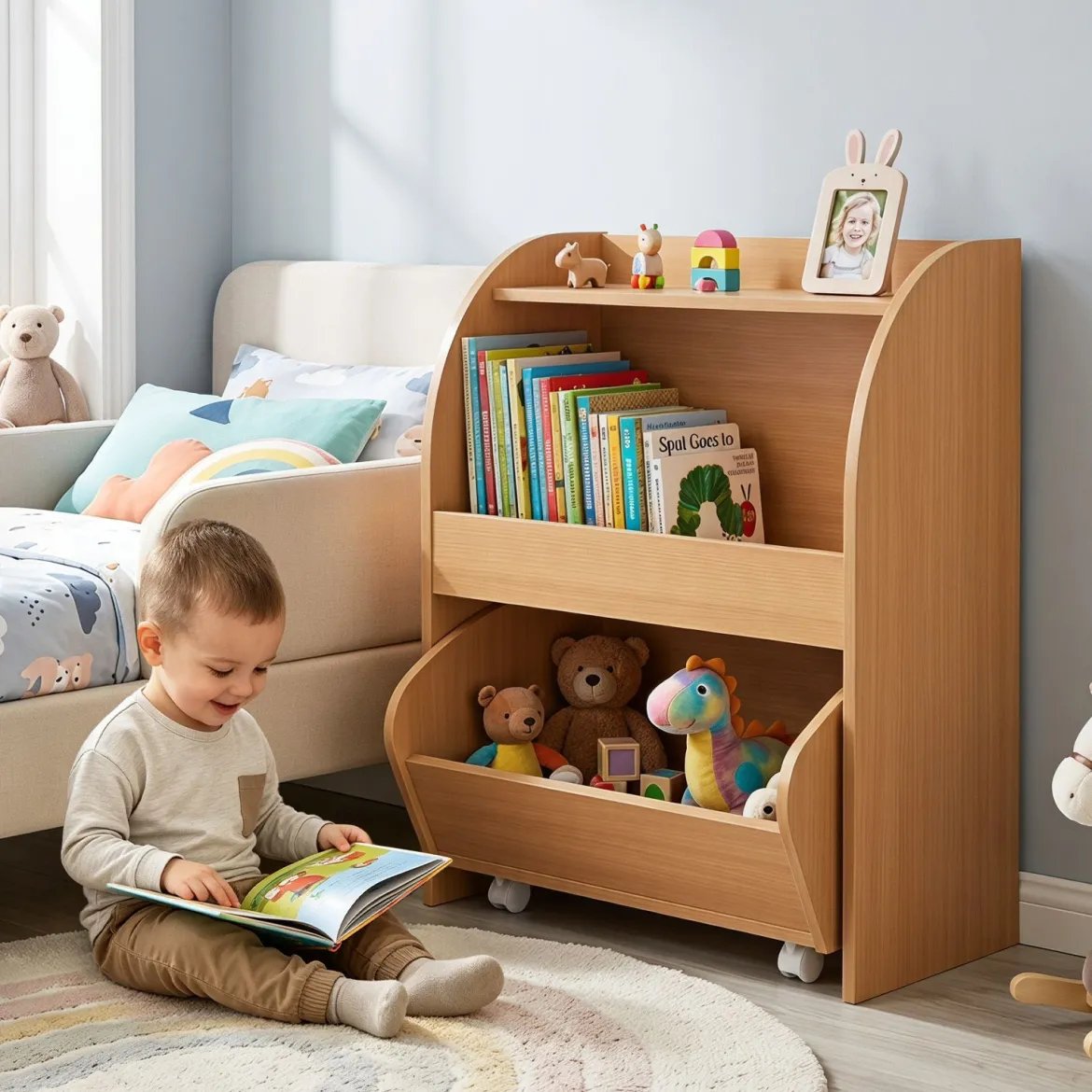 Kinder Bücherregal Spielzeugregal mit Rollbarer Schublade aus Holz mit 2 Offenen Fächern Natur