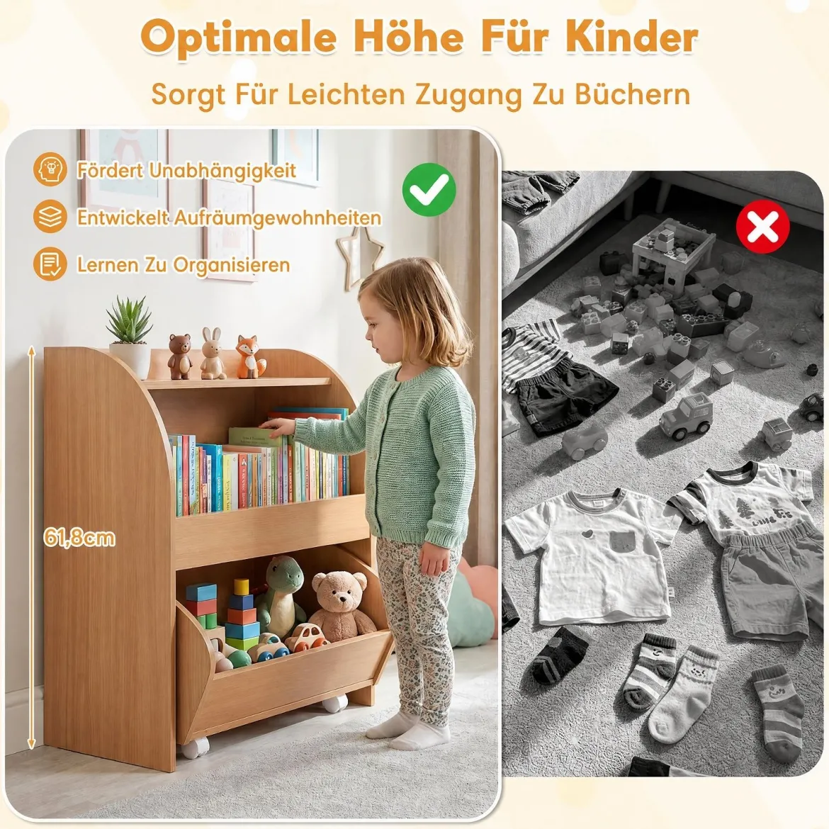Kinder Bücherregal Spielzeugregal mit Rollbarer Schublade aus Holz mit 2 Offenen Fächern Natur