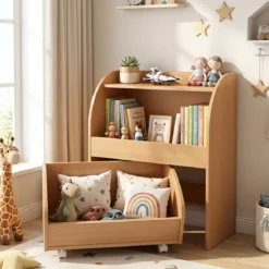Kinder Bücherregal Spielzeugregal mit Rollbarer Schublade aus Holz mit 2 Offenen Fächern Natur