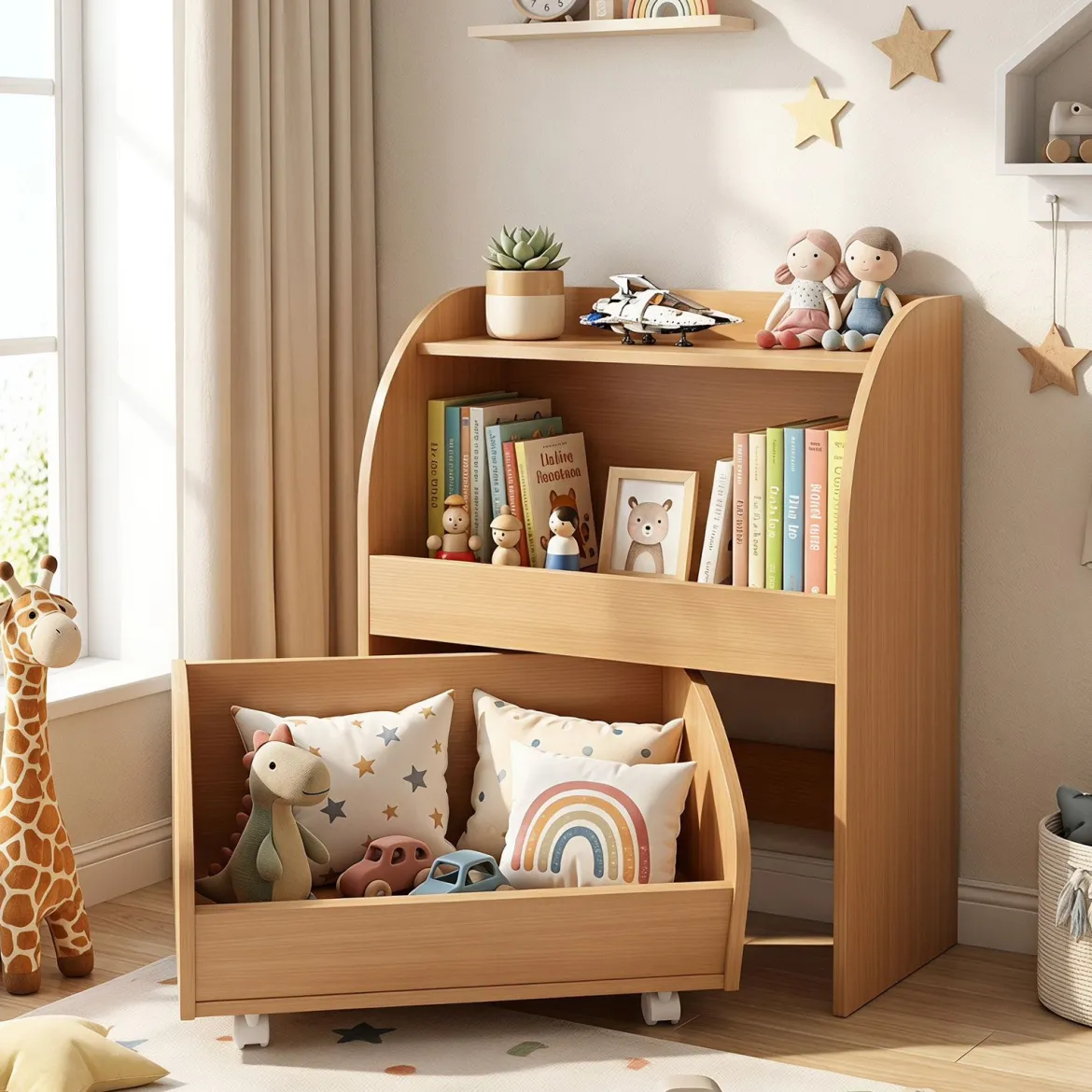 Kinder Bücherregal Spielzeugregal mit Rollbarer Schublade aus Holz mit 2 Offenen Fächern Natur