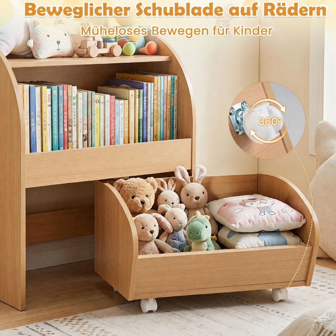 Kinder Bücherregal Spielzeugregal mit Rollbarer Schublade aus Holz mit 2 Offenen Fächern Natur