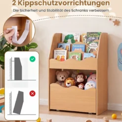 Kinder Bücherregal 3-stufiges Montessori Spielzeugregal aus Holz mit Rollbarer Schublade Natur