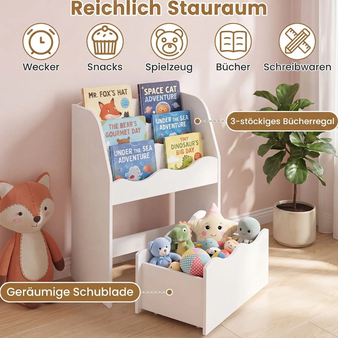 Kinder Bücherregal 3-stufiges Montessori Spielzeugregal aus Holz mit Rollbarer Schublade Weiß