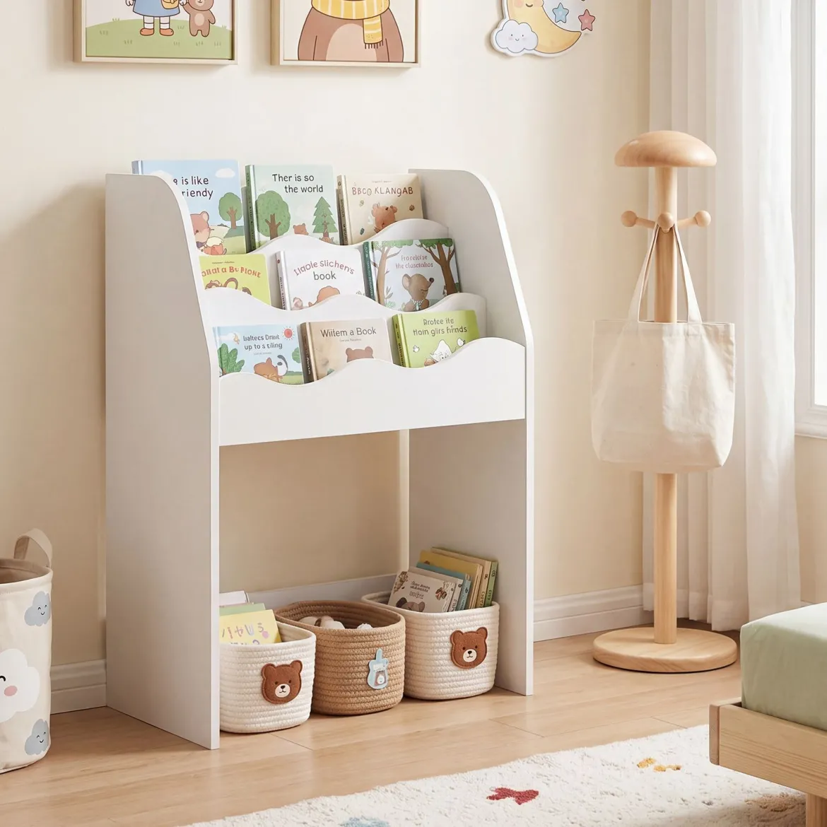 Kinder Bücherregal 3-stufiges Montessori Spielzeugregal aus Holz mit Rollbarer Schublade Weiß
