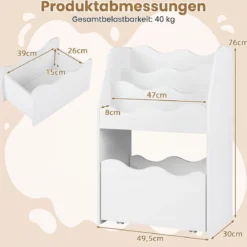 Kinder Bücherregal 3-stufiges Montessori Spielzeugregal aus Holz mit Rollbarer Schublade Weiß