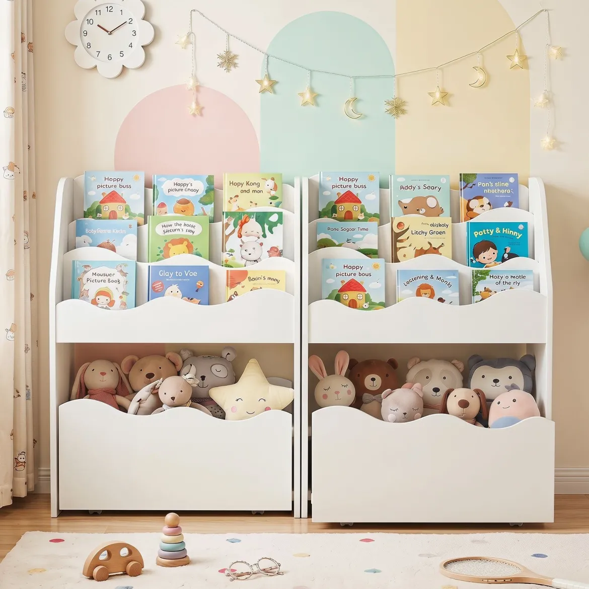 Kinder Bücherregal 3-stufiges Montessori Spielzeugregal aus Holz mit Rollbarer Schublade Weiß