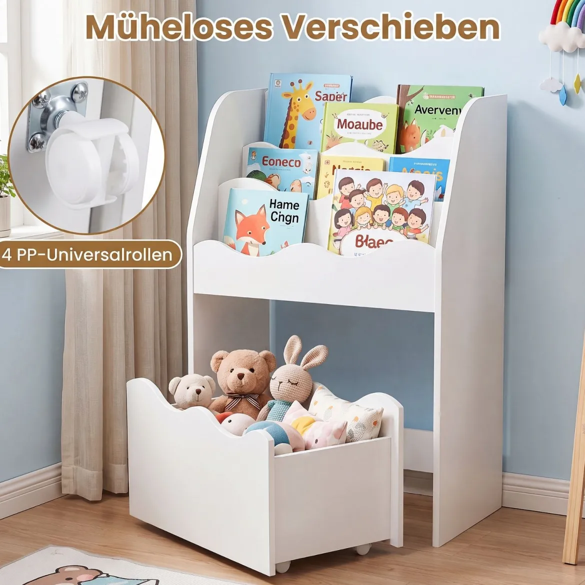 Kinder Bücherregal 3-stufiges Montessori Spielzeugregal aus Holz mit Rollbarer Schublade Weiß