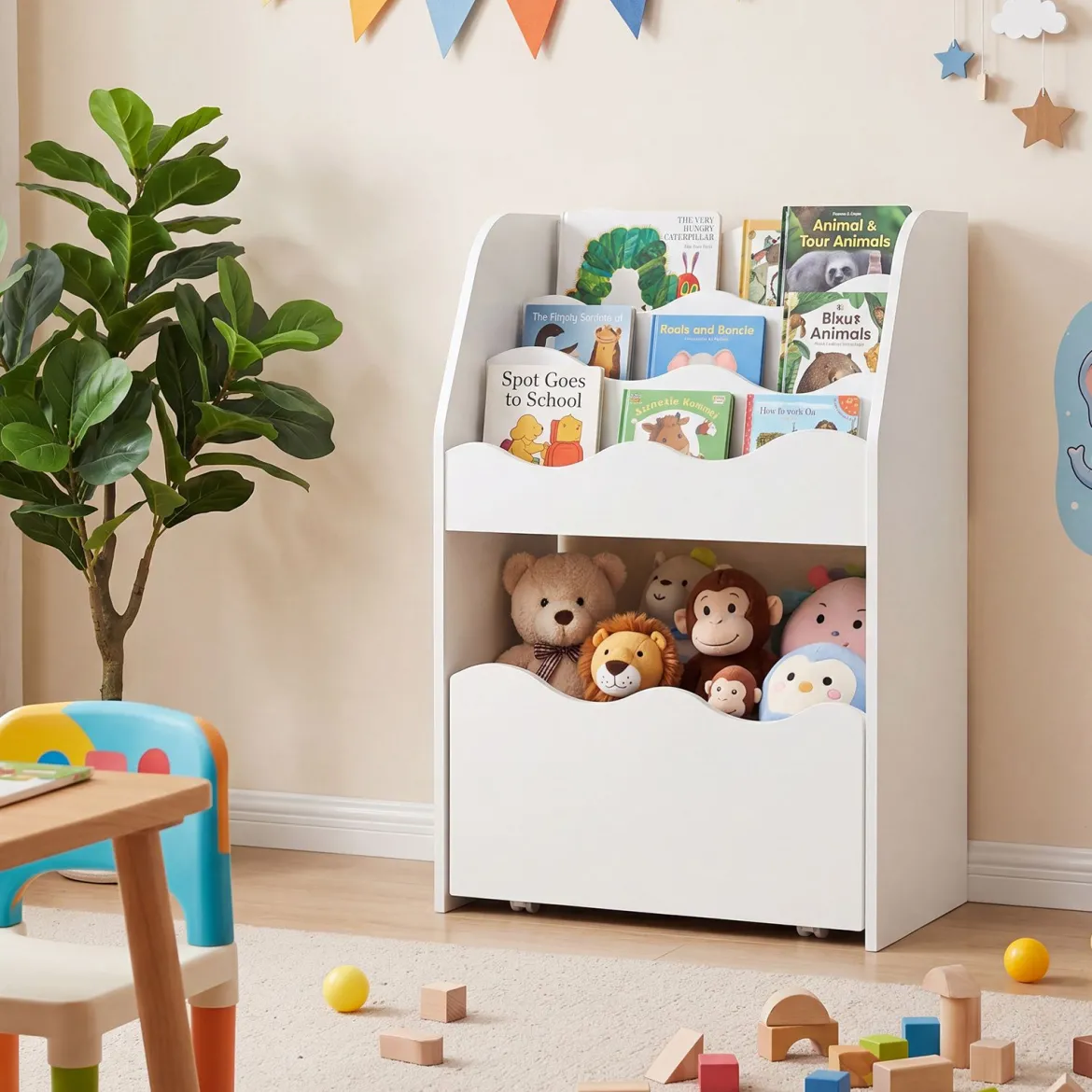 Kinder Bücherregal 3-stufiges Montessori Spielzeugregal aus Holz mit Rollbarer Schublade Weiß